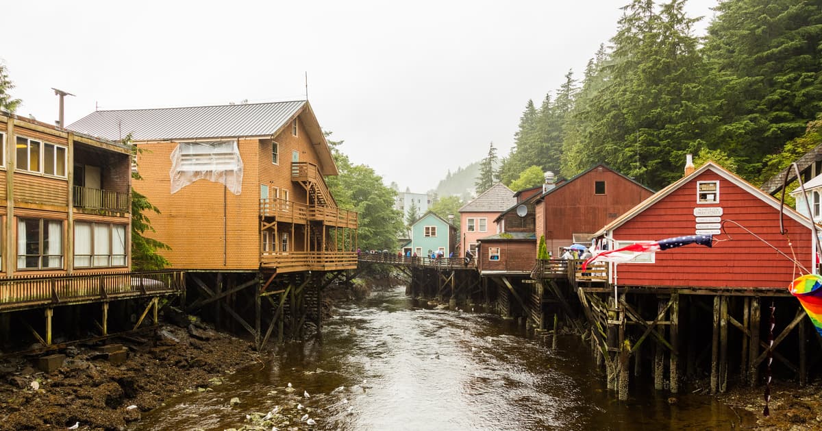 Houses on pilings along Creek Street at low tide