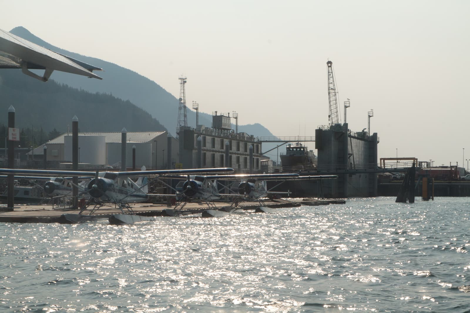 Floatplanes moored at a dock on the Ketchikan waterfront