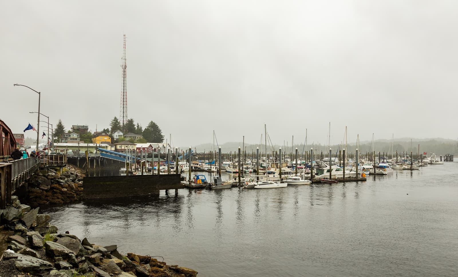 Boats moored in one of Ketchikan’s harbours under low cloud