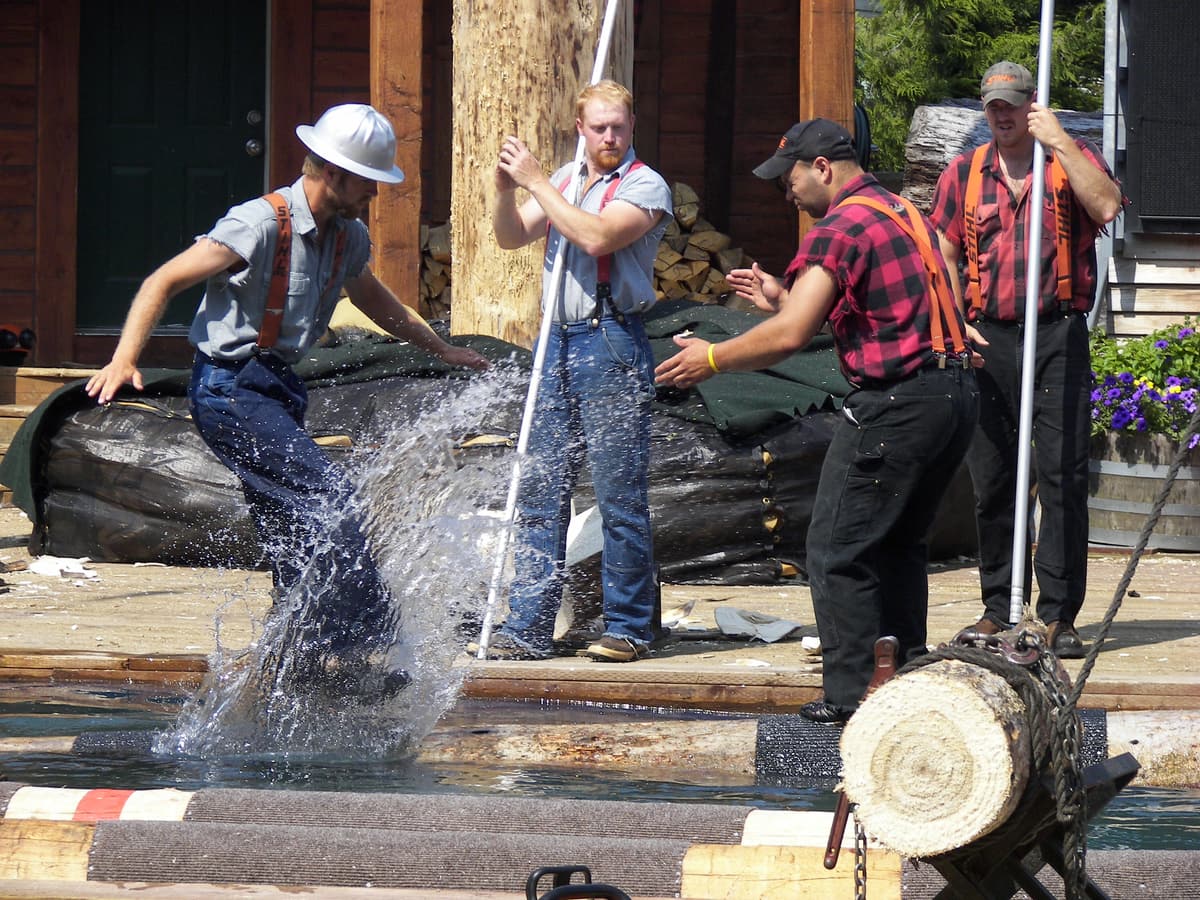 Lumberjacks at the log pond during the log-rolling event
