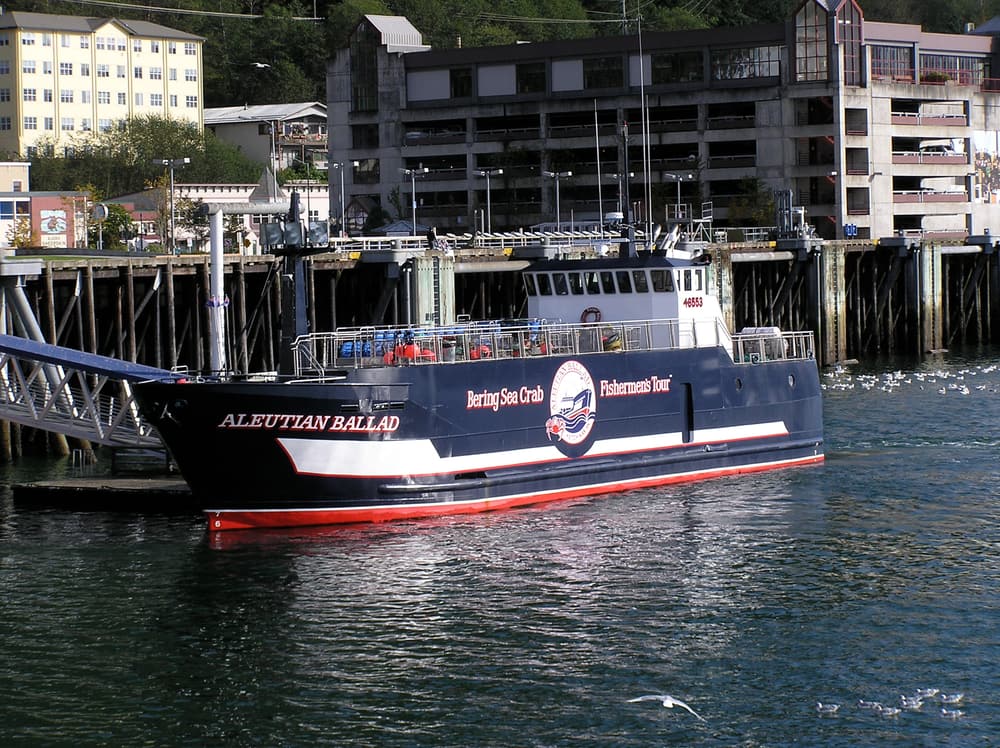 The crab-fishing vessel Aleutian Ballad moored at a wharf in Southeast Alaska