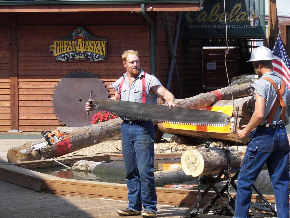 Two lumberjacks with a crosscut saw at the Great Alaskan Lumberjack Show