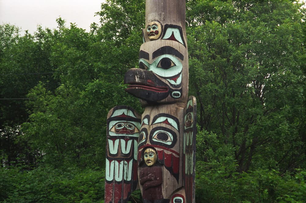 Carved totem poles in Saxman Totem Park